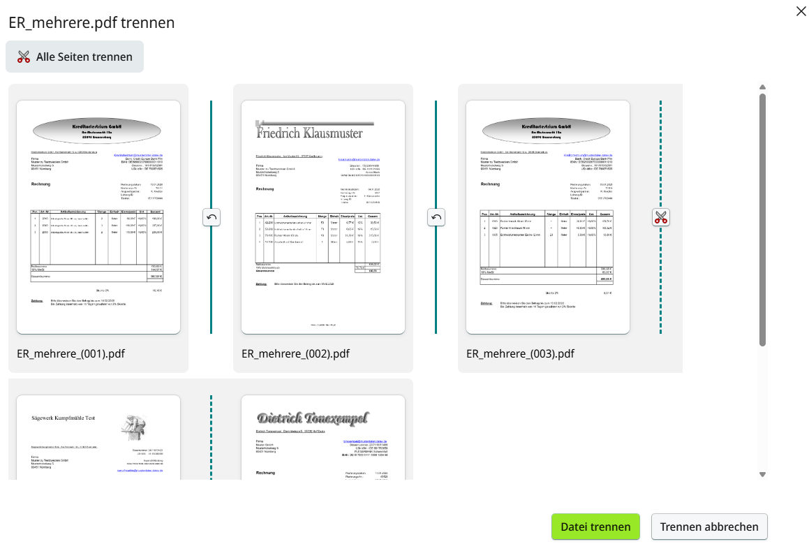 Screenshot vom Fenster Belege trennen