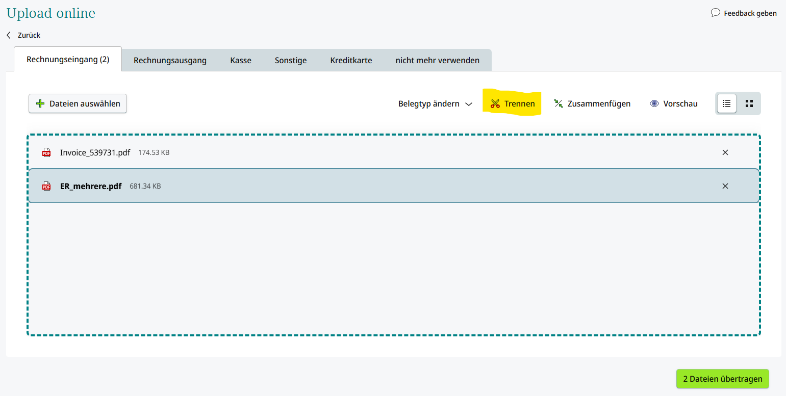 Screenshot vom Upload online Fenster